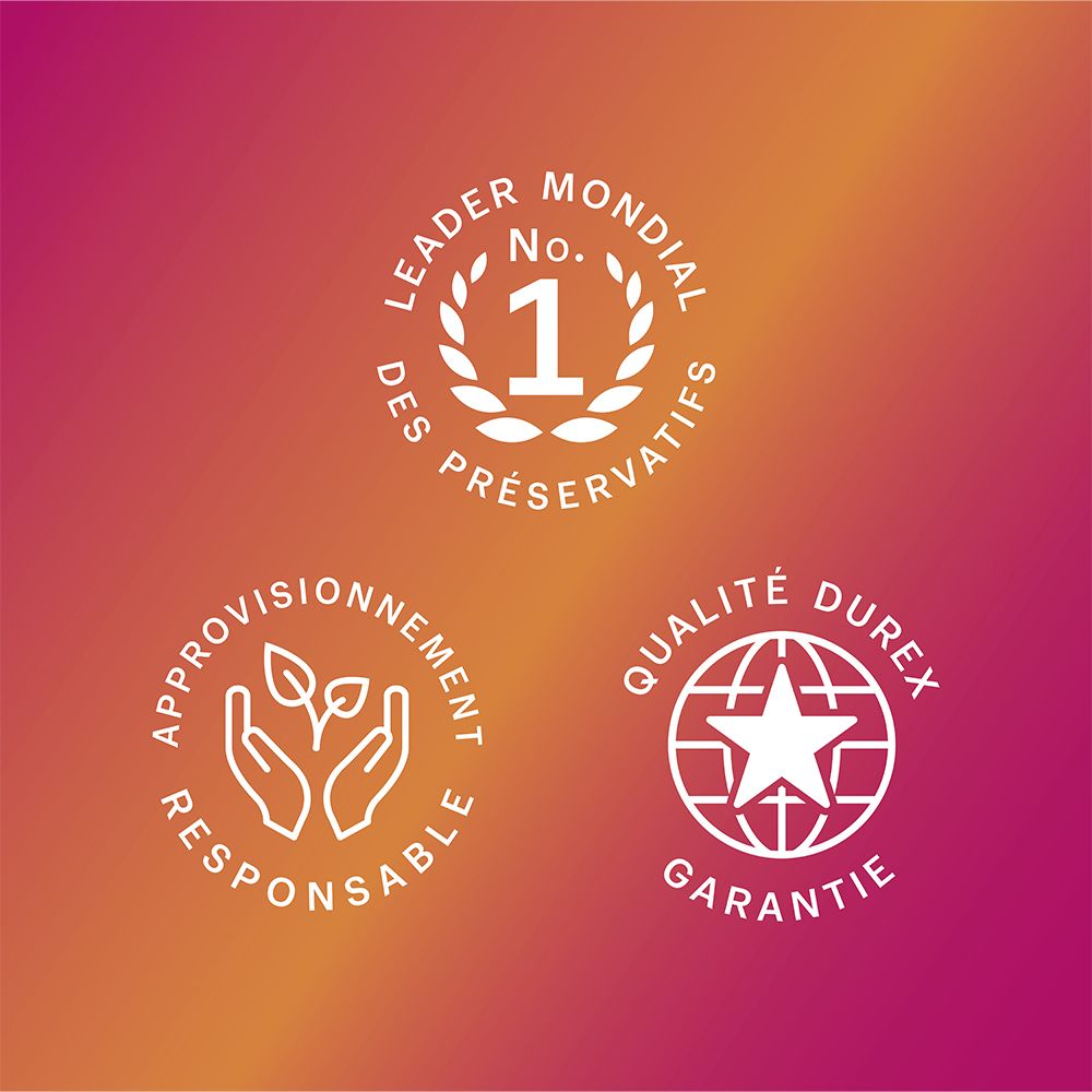 Trois logos: leader mondial, approvisionnement responsable, qualité Durex. Texte en français.
