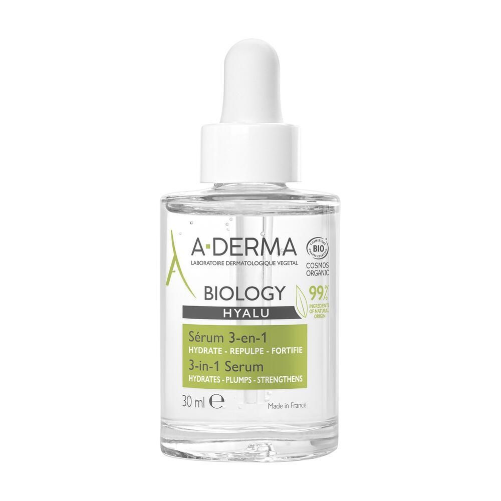 Sérum 3-en-1 A-DERMA BIOLOGY HYALU. Flacon en verre transparent avec pipette. Contient 30 ml. Certification bio.