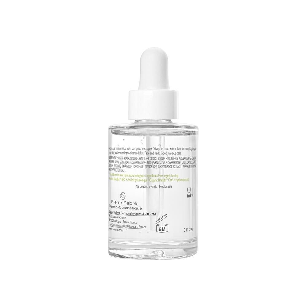 Dos du flacon de sérum 3-en-1 A-DERMA BIOLOGY HYALU. Contient des informations et des ingrédients. 30 ml.
