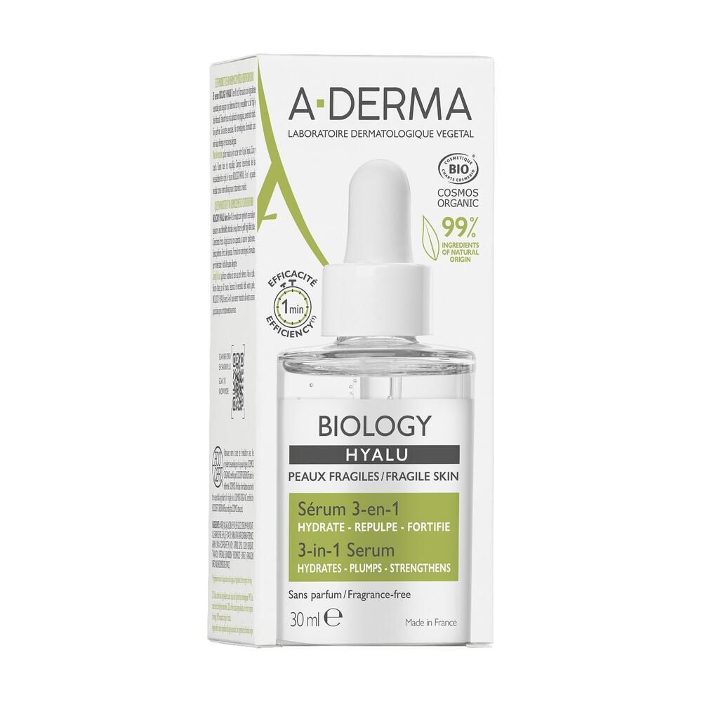 Sérum 3-en-1 A-DERMA BIOLOGY HYALU dans son emballage. Flacon et boîte. 30 ml. Certification bio.