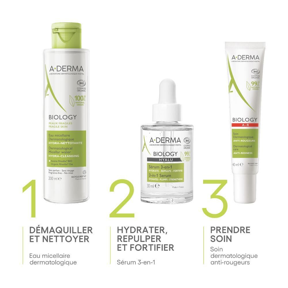 Trois produits A-DERMA BIOLOGY : nettoyage, sérum et anti-rougeurs. Libellé en français.