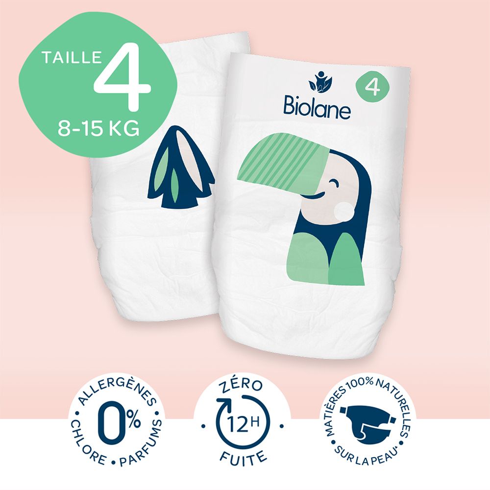 Deux couches Biolane taille 4. Inscriptions : 8-15 kg, 0% allergènes, 12h protection, matières 100% naturelles.
