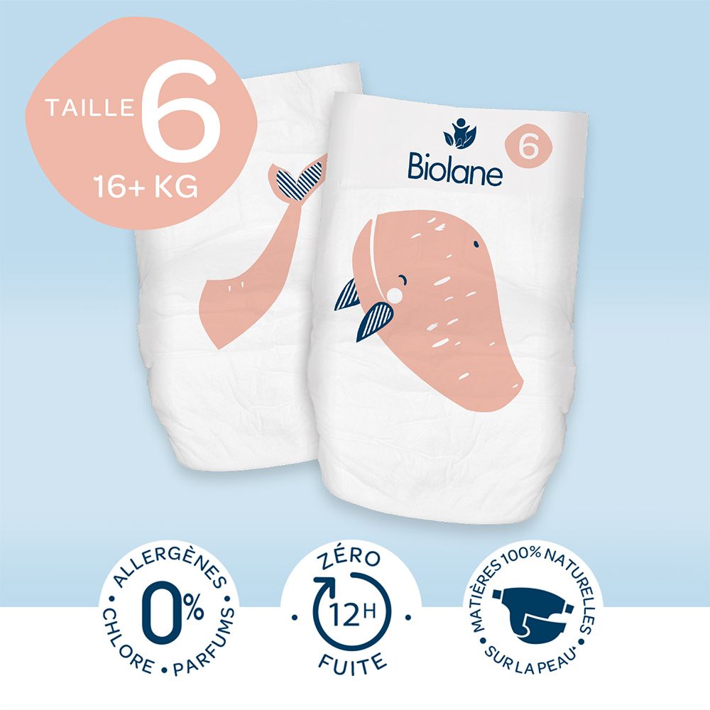 Zwei weiße Biolane Windelhosen, Größe 6, mit Wal-Illustration. Aufdrucke: 0% Allergene, 12h Schutz, natürliche Materialien.