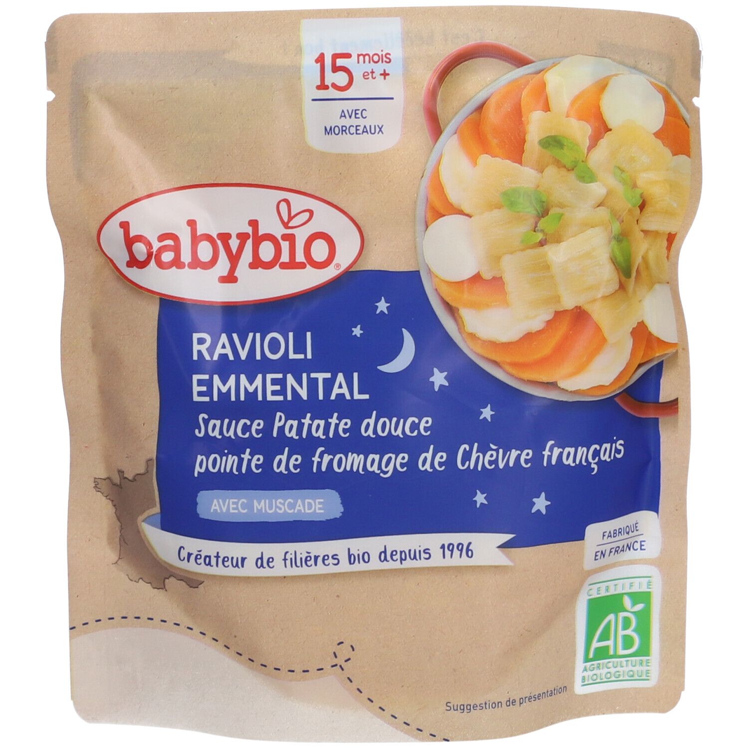 Sachet Babybio Ravioli, Emmental, sauce patate douce, pointe de chèvre. Certifié bio.