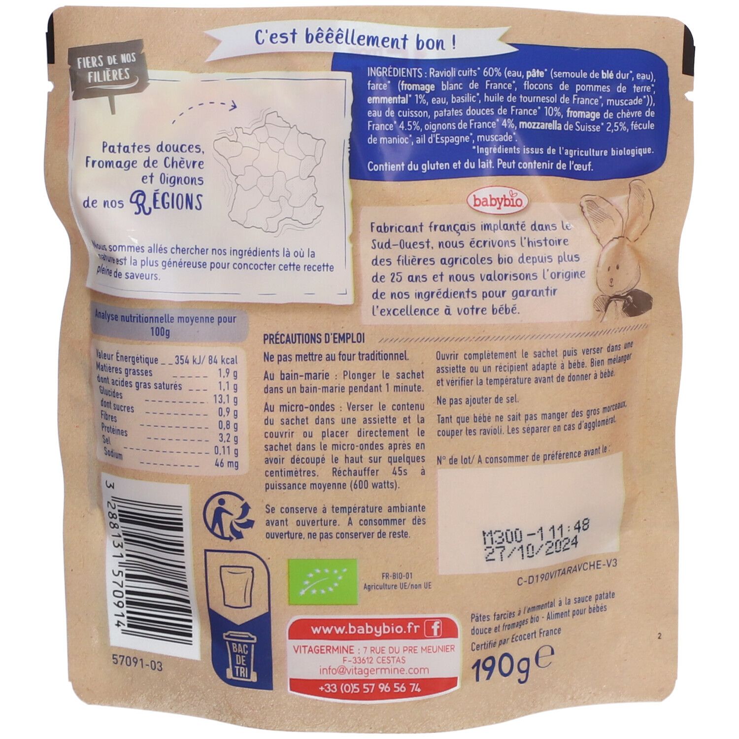 Dos du sachet Babybio. Ingrédients, valeurs nutritionnelles, instructions, logo bio.