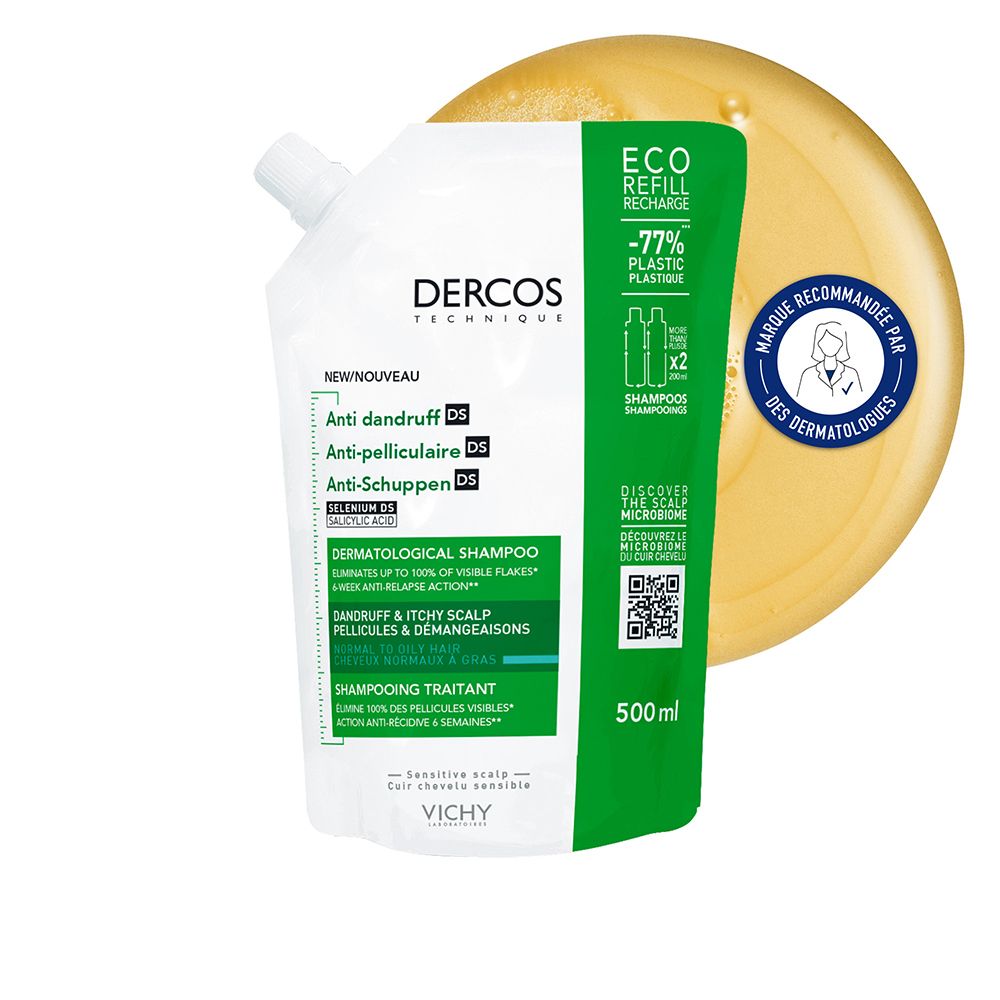 Recharge de shampooing. Blanc, vert. Texte: Dercos, Anti-pelliculaire, 500ml. Éco-recharge.