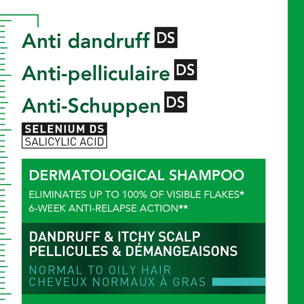 Gros plan sur le sachet de shampooing. Texte: Anti-pelliculaire DS, shampooing dermatologique, contre les pellicules.