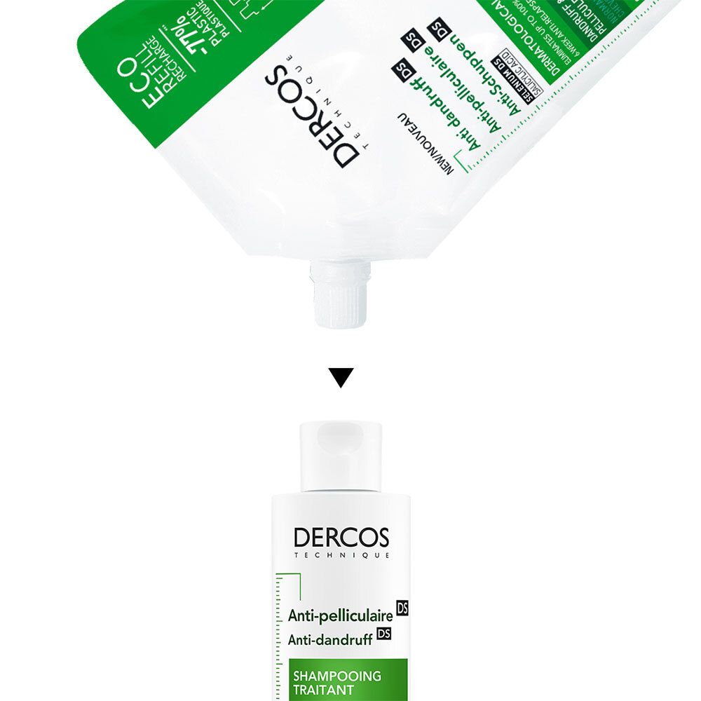 Le sachet de shampooing est versé dans un flacon. Sachet blanc, flacon blanc.