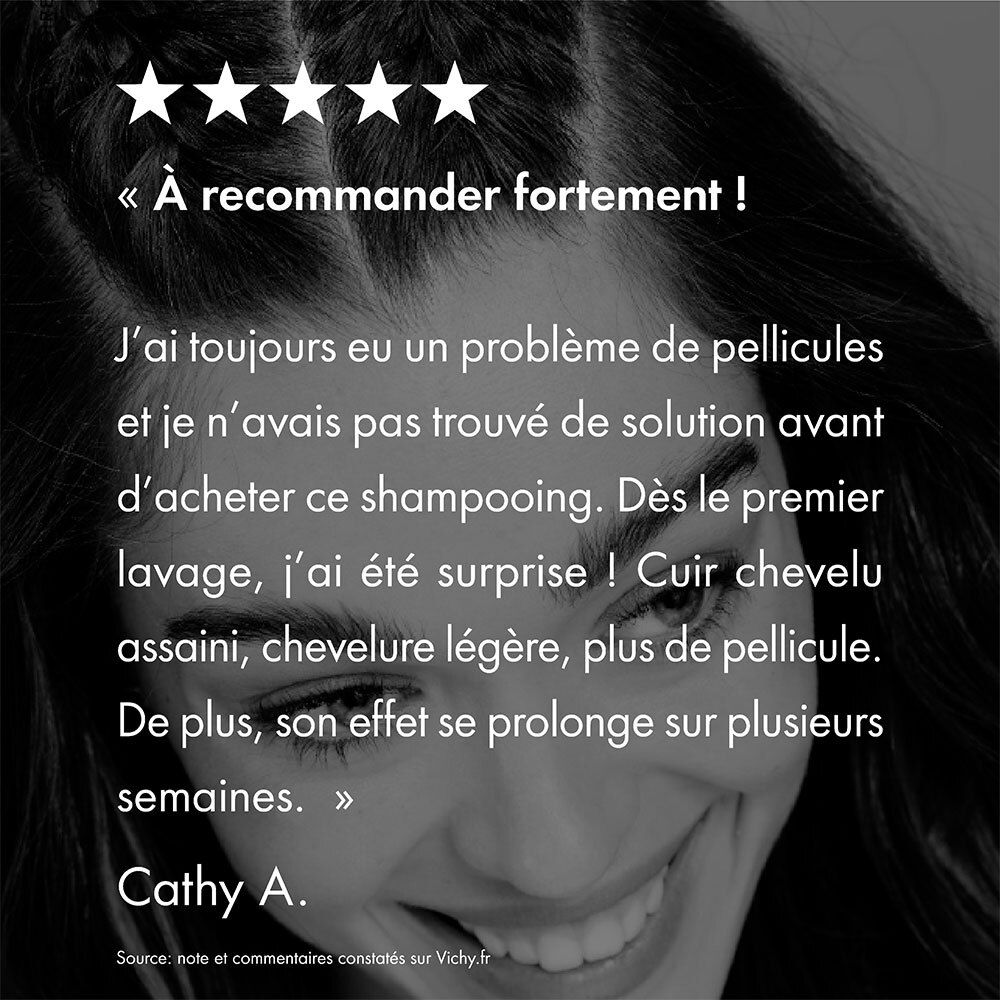 Témoignage d'une femme. Texte: Je recommande vivement ! Citation sur les pellicules et le shampooing.