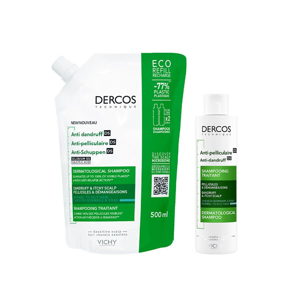 Recharge de shampooing et flacon. Blanc, vert. Texte: Dercos, Anti-pelliculaire, 500ml.