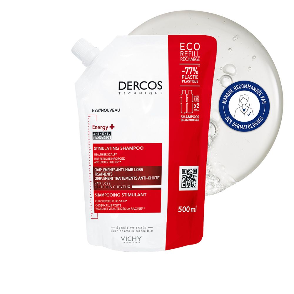 Recharge de shampooing stimulant. Sachet blanc et rouge avec informations produit. 500ml. Marque Dercos.