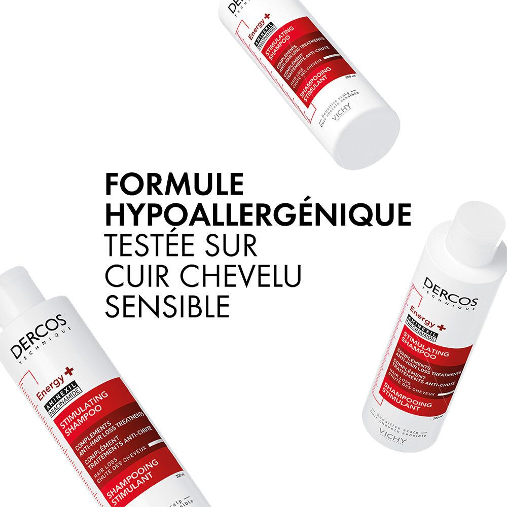 Trois flacons de shampooing. Informations produit sur fond blanc. Texte : Formule hypoallergénique, testée sur cuir chevelu sensible.