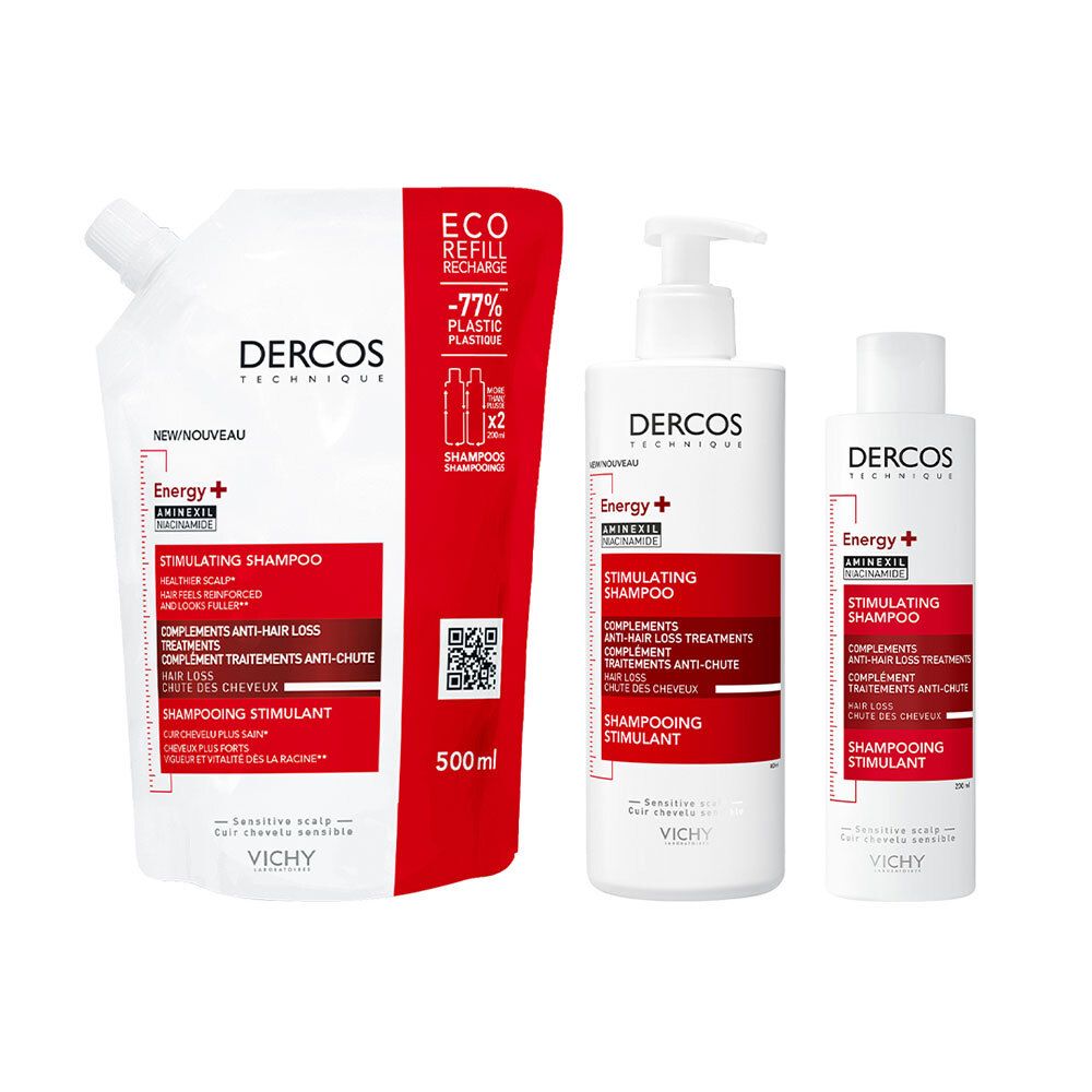 Trois produits : recharge, flacon de shampooing et petit flacon. Tous avec informations produit. Marque Dercos.