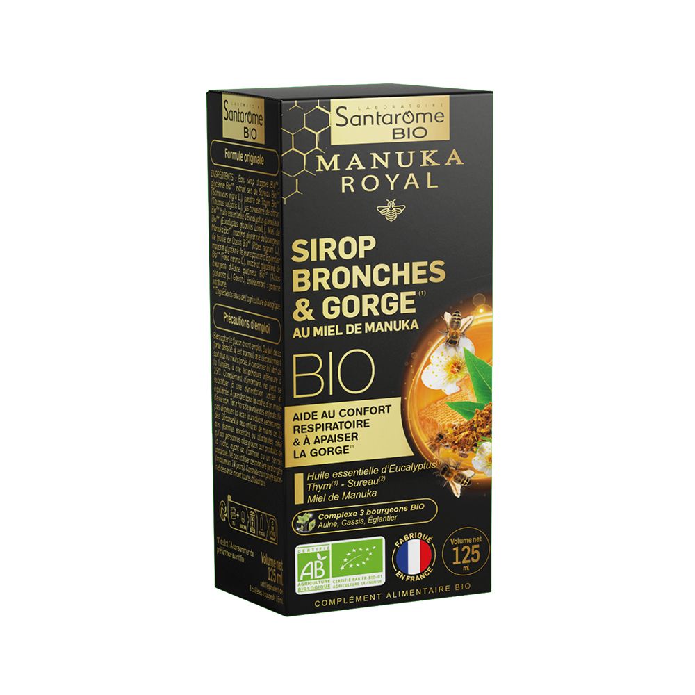 Boîte Santarome Bronches & Gorge. Emballage noir avec informations et logo du produit.