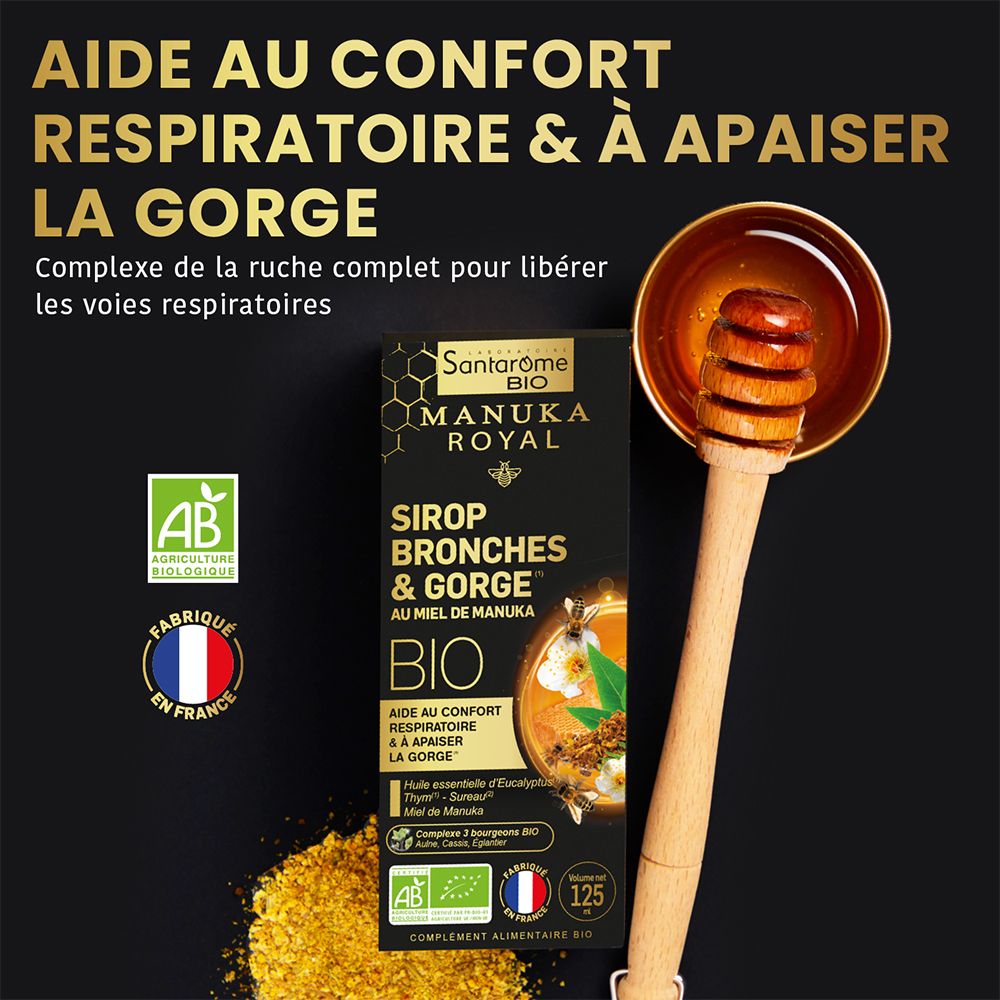 Produit Santarome Bronches & Gorge. Fond noir, produit et cuillère à miel.