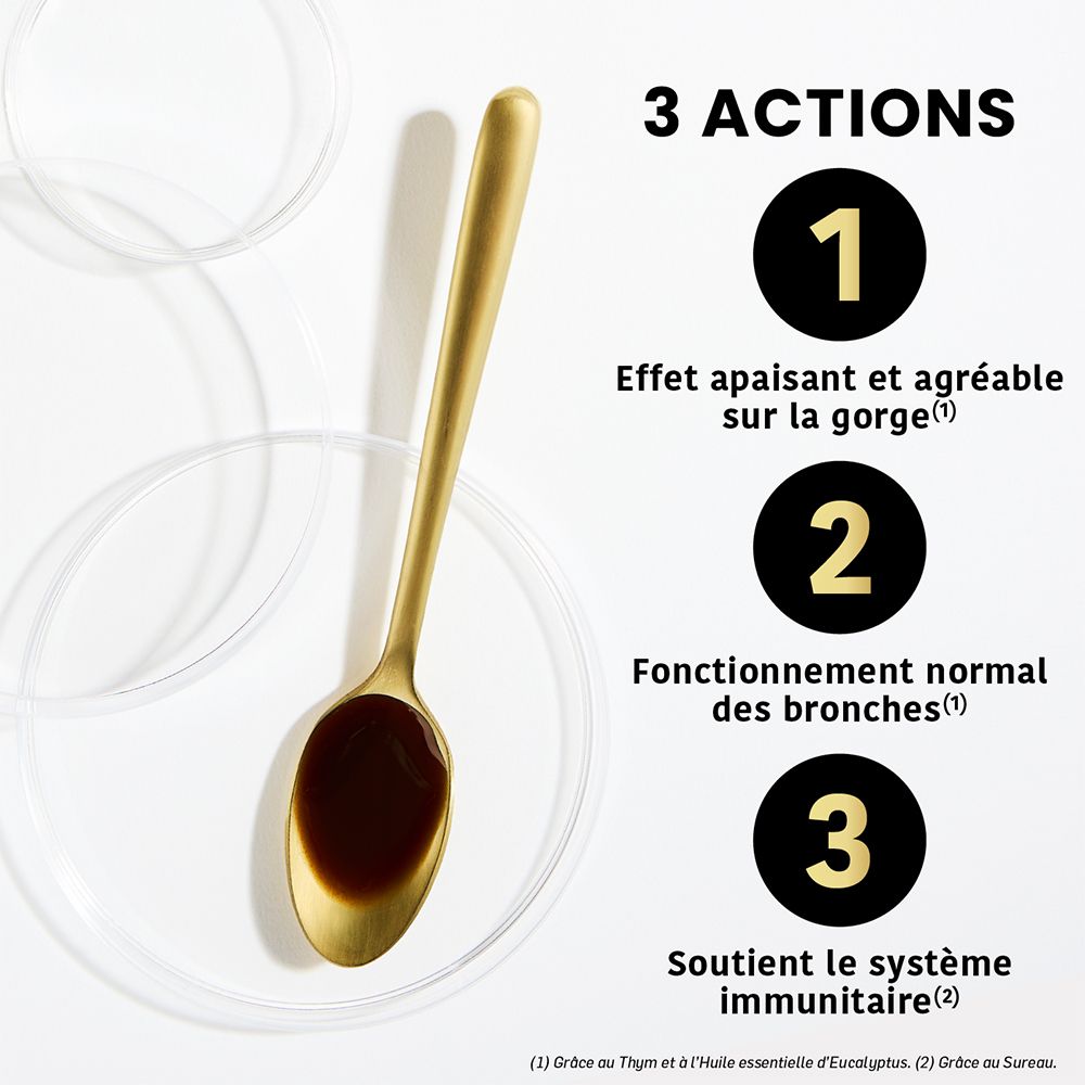 Cuillère dorée avec goutte. 3 actions : apaisant, bronches, système immunitaire.