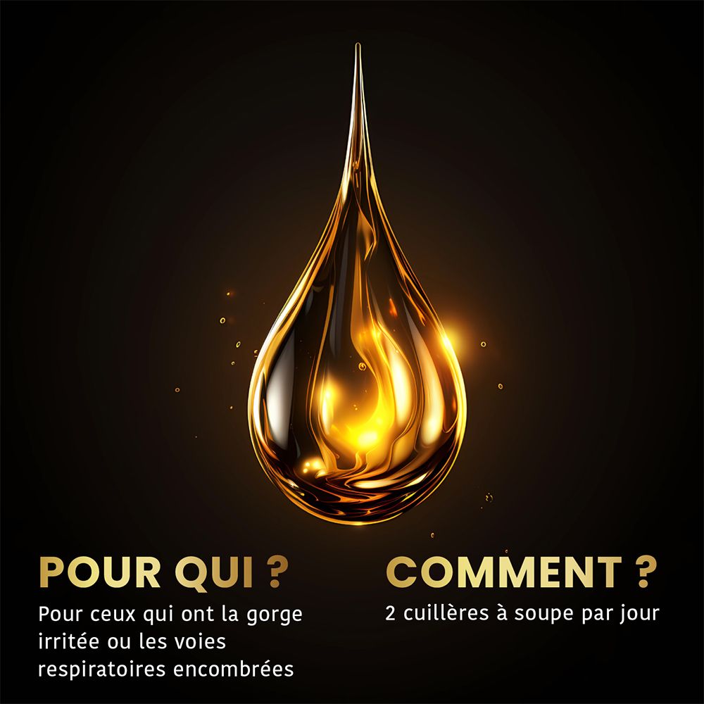 Goutte dorée. Texte : pour gorge irritée ou voies respiratoires encombrées. 2 cuillères/jour.