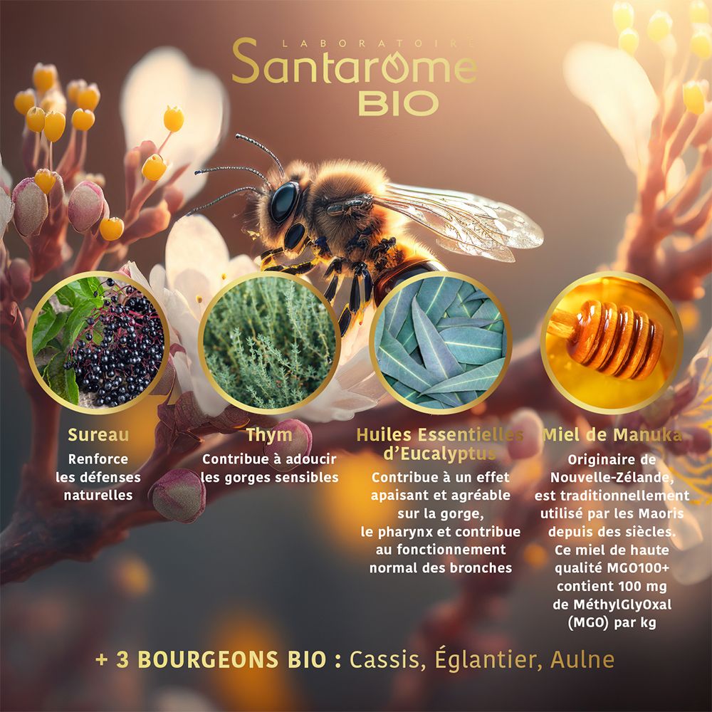 Abeille, plantes et miel. Ingrédients : Sureau, Thym, Eucalyptus, Miel.