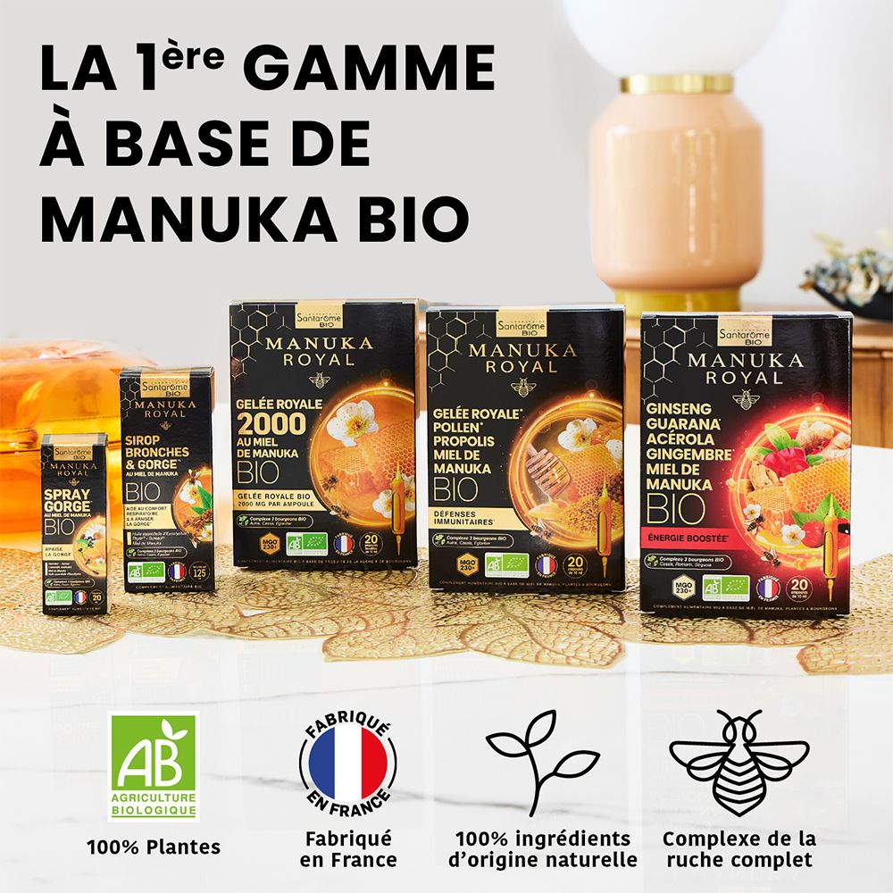 Gamme Santarome. Différents produits au miel de Manuka. Certification bio.