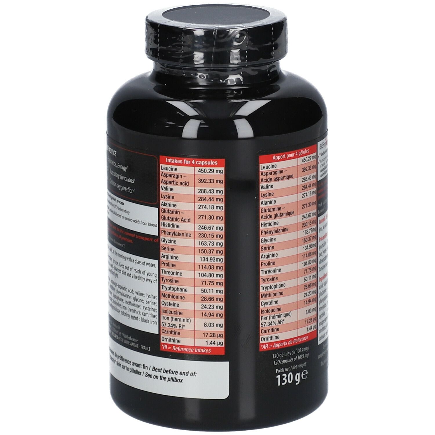 Dos du flacon noir. Contient des informations nutritionnelles. Marque : ERIC FAVRE. Poids : 130g.