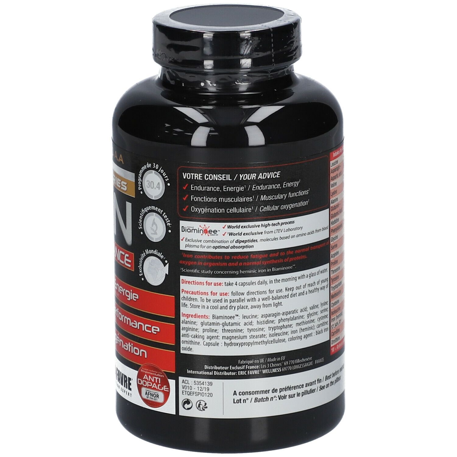 Dos du flacon noir. Contient des instructions d'utilisation et des avantages. Marque : ERIC FAVRE. Poids : 130g.