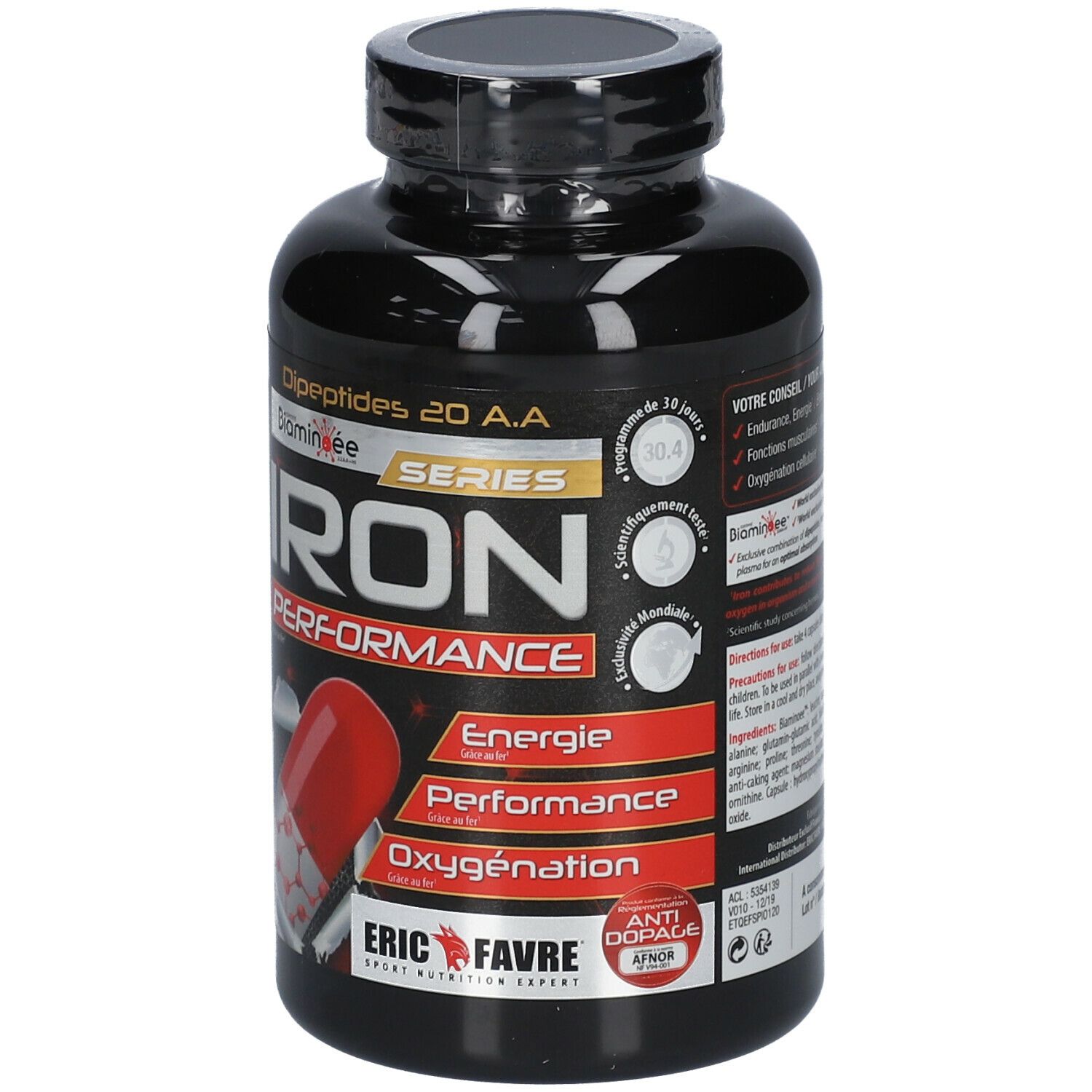 Flacon noir avec capsules. Inscription : IRON PERFORMANCE, Energie, Performance, Oxygenation. Marque : ERIC FAVRE.