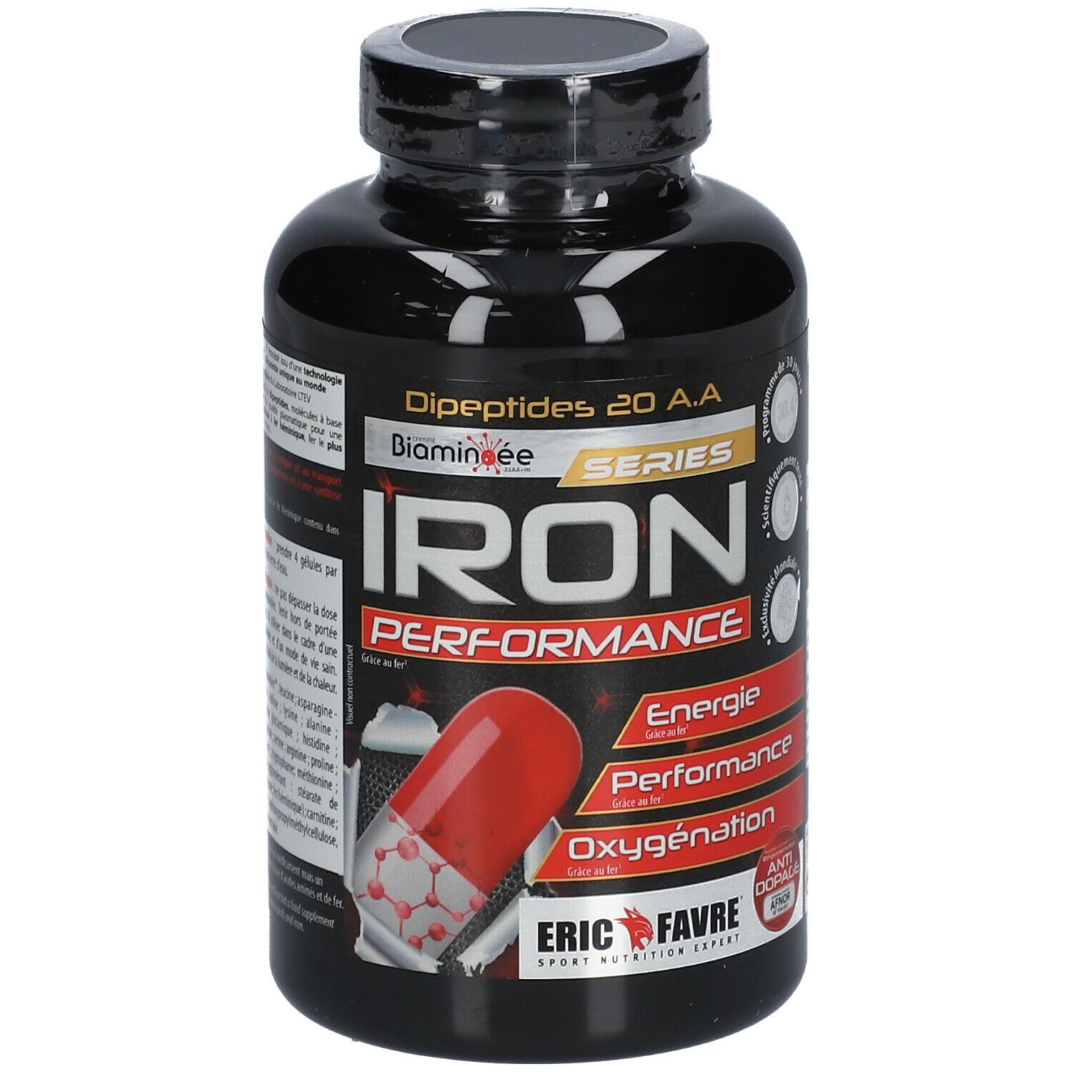 Flacon noir avec capsules. Inscription : IRON PERFORMANCE, Energie, Performance, Oxygenation. Marque : ERIC FAVRE.