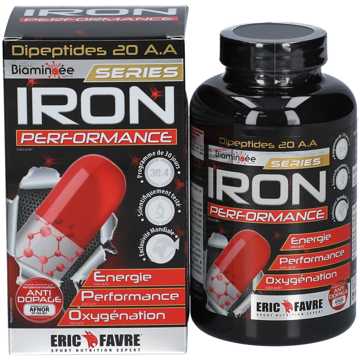 Emballage et flacon du produit. Inscription : IRON PERFORMANCE, Energie, Performance, Oxygenation. Marque : ERIC FAVRE. Avec boîte.