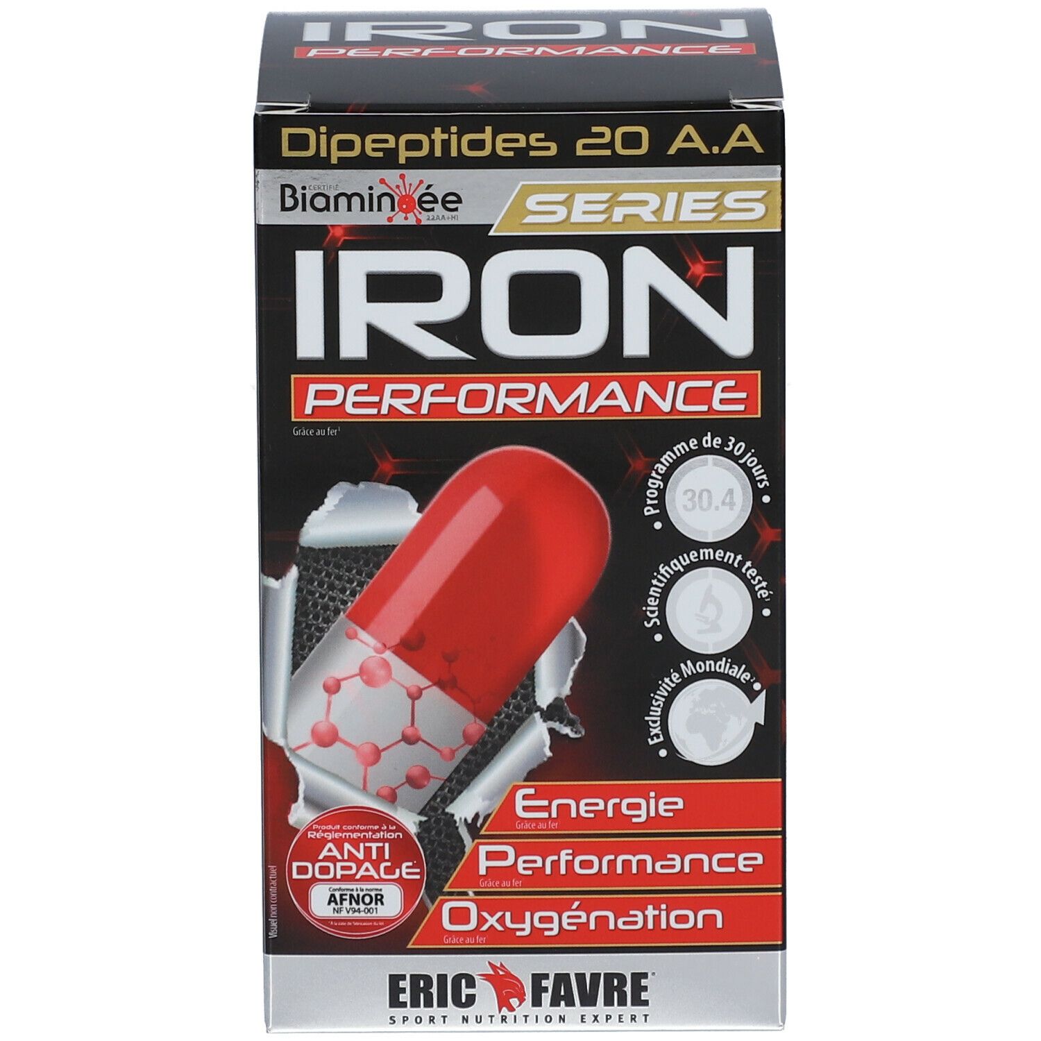 Emballage du produit. Inscription : IRON PERFORMANCE, Energie, Performance, Oxygenation. Marque : ERIC FAVRE. Avec sceau anti-dopage.