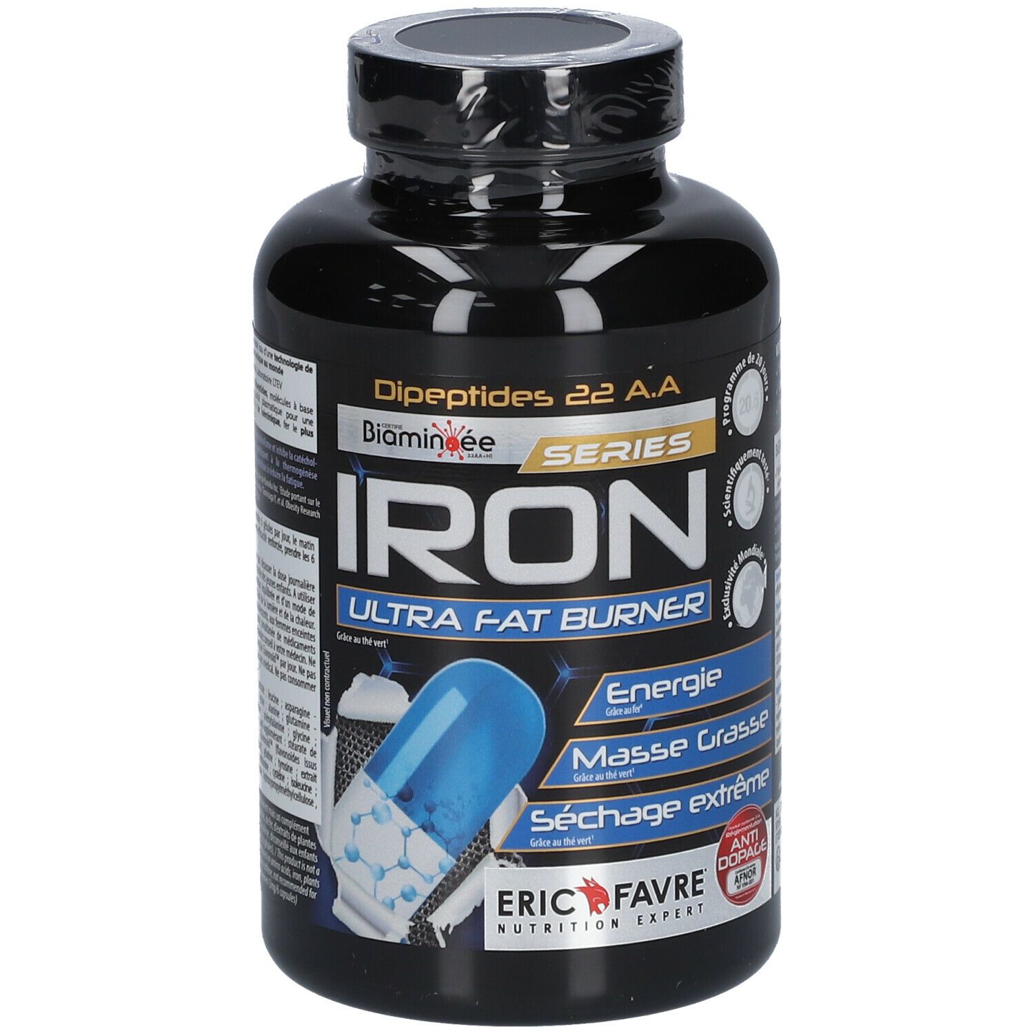 Schwarze Flasche mit Kapseln. Aufschrift: IRON Ultra Fat Burner. Marke: ERIC FAVRE.