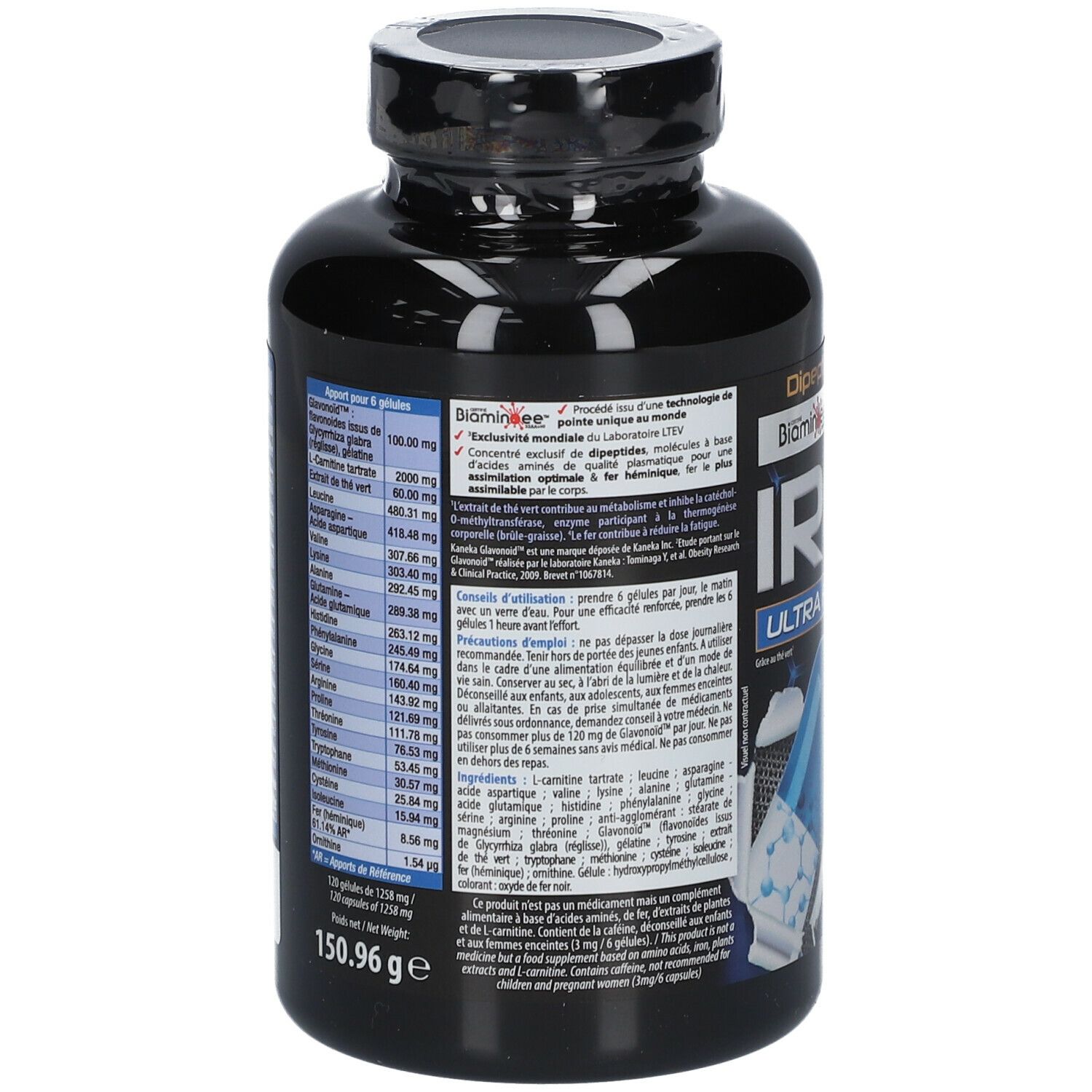 Schwarze Flasche mit Kapseln. Rückseite mit Inhaltsstoffen und Informationen. Marke: ERIC FAVRE.