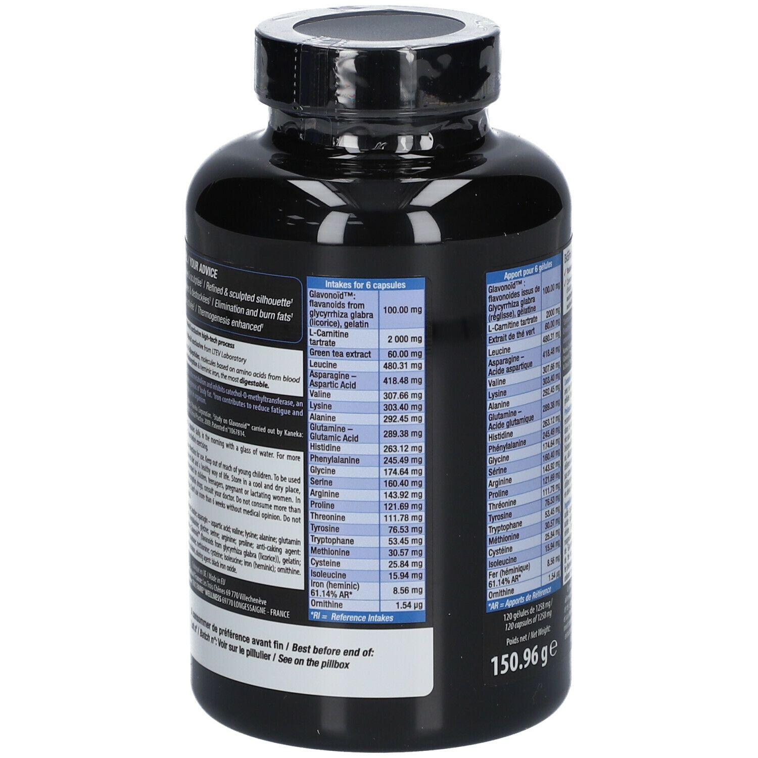 Schwarze Flasche mit Kapseln. Rückseite mit Inhaltsstoffen und Informationen. Marke: ERIC FAVRE.