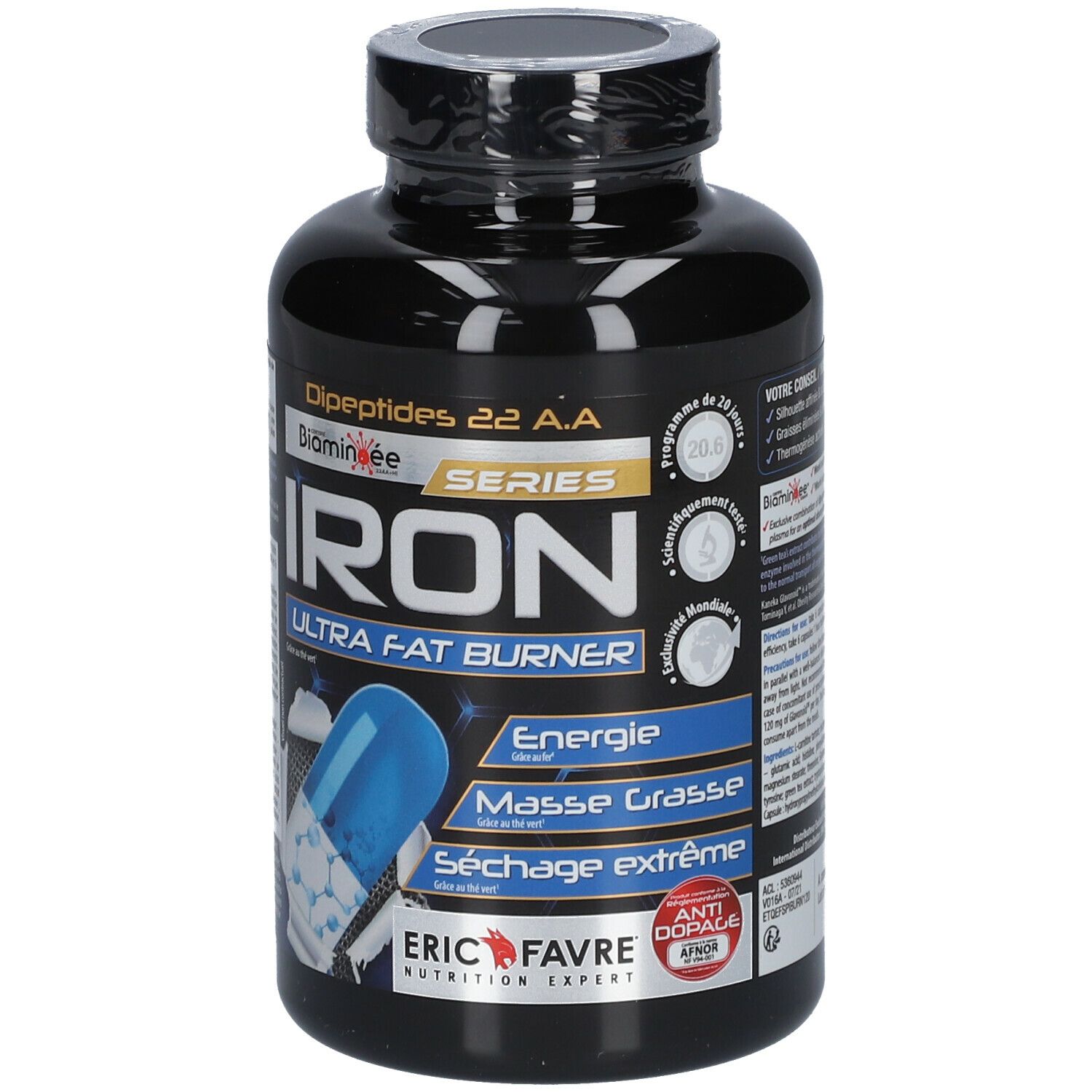 Schwarze Flasche mit Kapseln. Aufschrift: IRON Ultra Fat Burner. Marke: ERIC FAVRE.