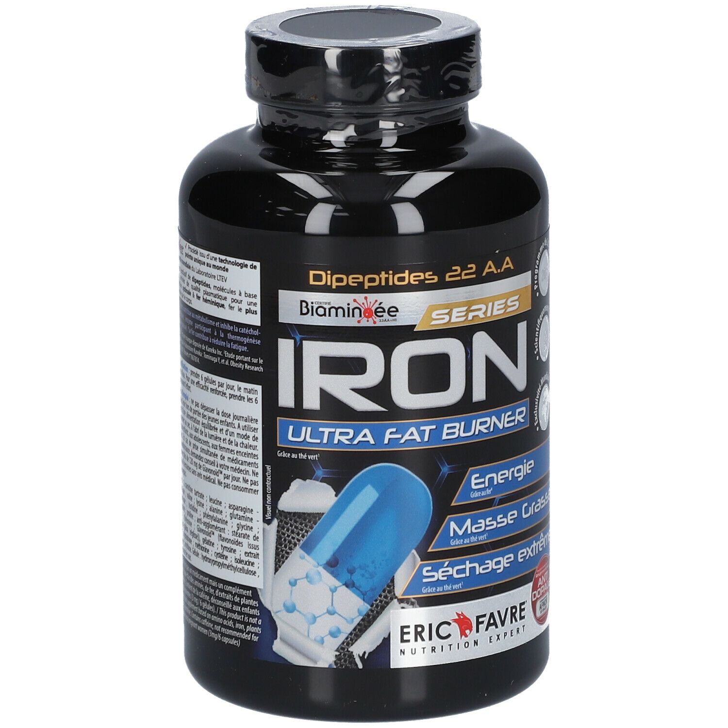 Schwarze Flasche mit Kapseln. Aufschrift: IRON Ultra Fat Burner. Marke: ERIC FAVRE.