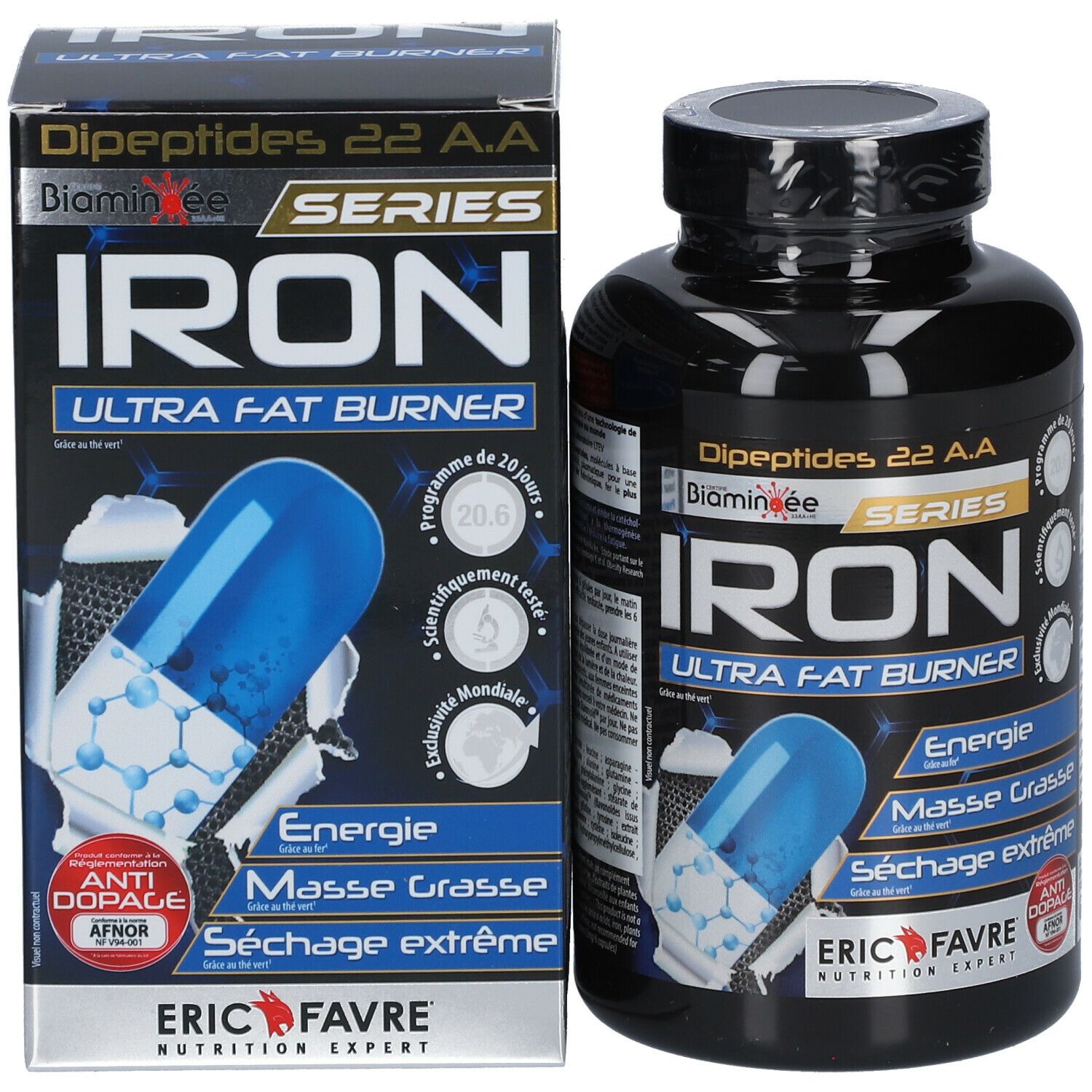 Produktverpackung mit Flasche und Schachtel. Aufschrift: IRON Ultra Fat Burner. Marke: ERIC FAVRE.