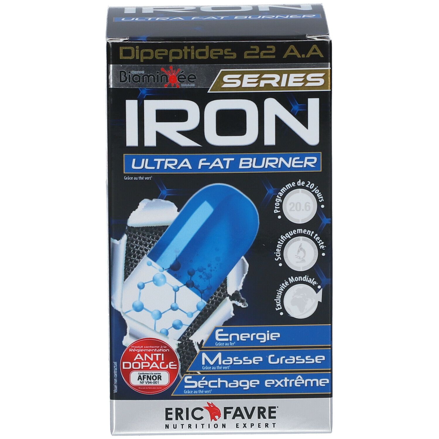 Produktverpackung. Aufschrift: IRON Ultra Fat Burner. Marke: ERIC FAVRE.