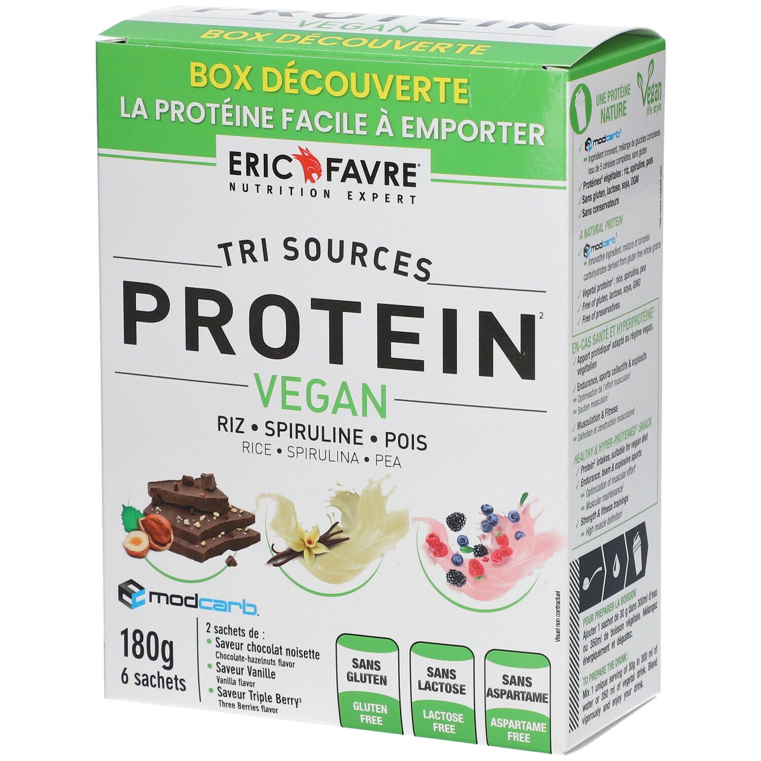 Boîte de protéines végétales. Inscription: TRI SOURCES PROTEIN VEGAN. Images de chocolat, vanille et baies. 180g, 6 sachets.