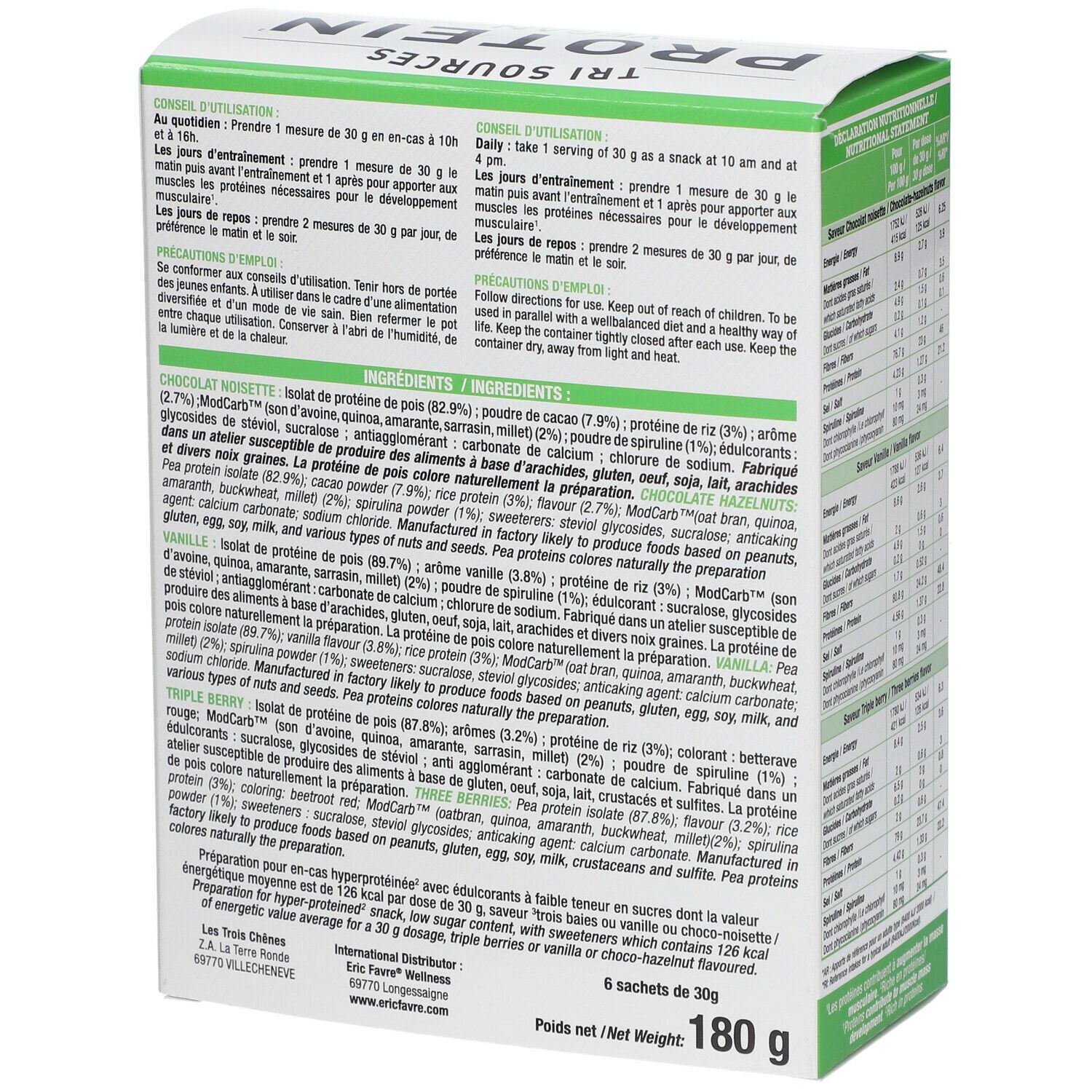 Dos de la boîte de protéines. Texte avec ingrédients et instructions d'utilisation. 180g, 6 sachets. Informations fabricant.
