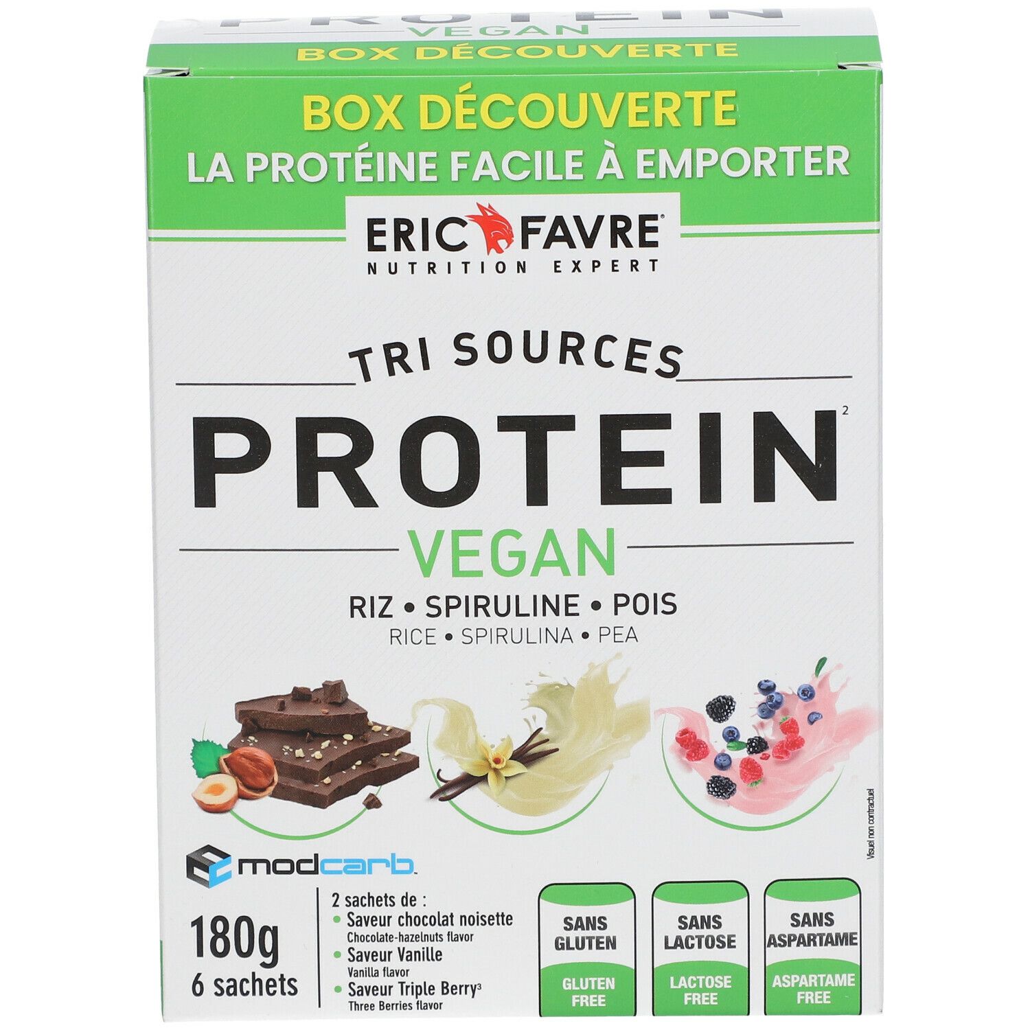 Boîte de protéines avec inscription: TRI SOURCES PROTEIN VEGAN. Images de chocolat, vanille et baies. 180g, 6 sachets.