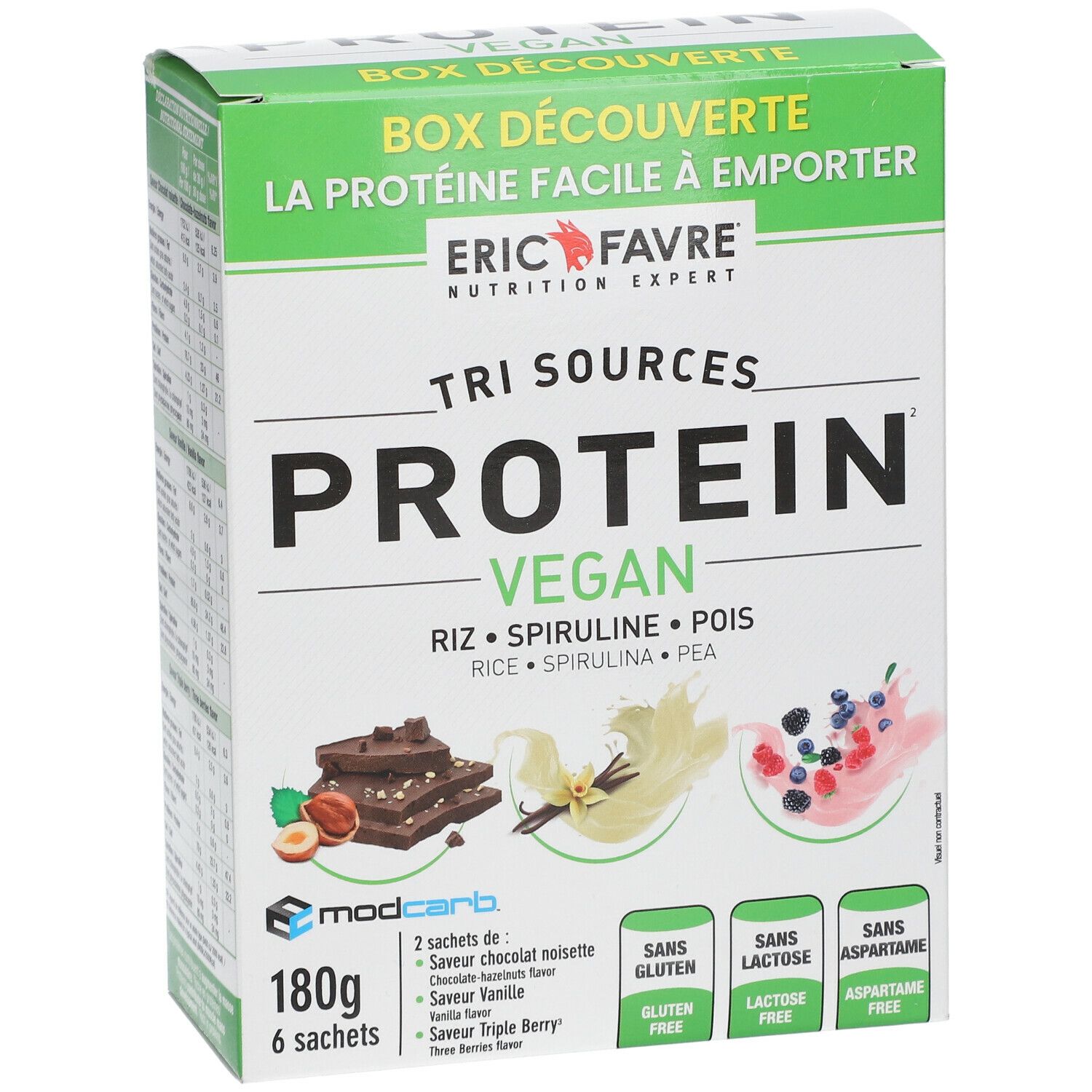 Boîte de protéines avec inscription: TRI SOURCES PROTEIN VEGAN. Images de chocolat, vanille et baies. 180g, 6 sachets.