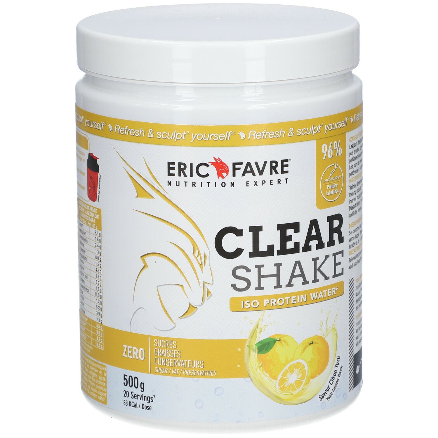 Pot blanc avec détails jaunes. Inscription: ERIC FAVRE, CLEAR SHAKE, Iso Protein Water. Illustration de citrons et yuzu.