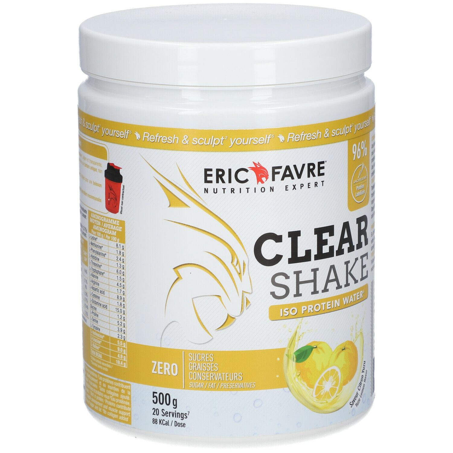 Pot blanc avec détails jaunes. Inscription: ERIC FAVRE, CLEAR SHAKE, Iso Protein Water. Illustration de citrons et yuzu.