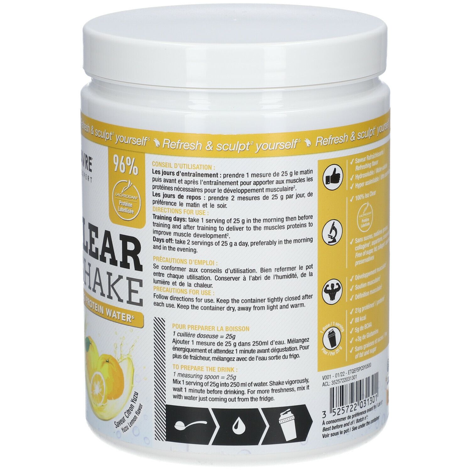 Pot blanc avec détails jaunes. Inscription: ERIC FAVRE, CLEAR SHAKE, Iso Protein Water. Instructions et préparation.