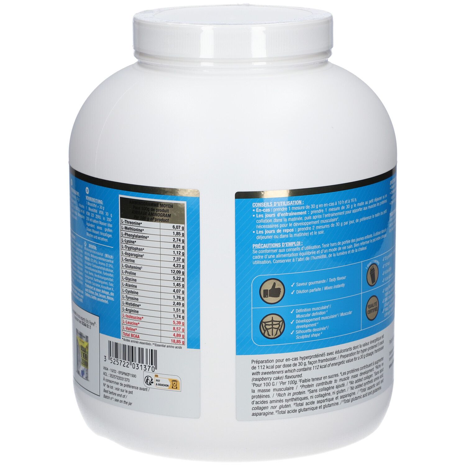 Dos du pot blanc. Étiquettes bleues avec texte. Informations sur les ingrédients et valeurs nutritionnelles. Code-barres et informations fabricant.