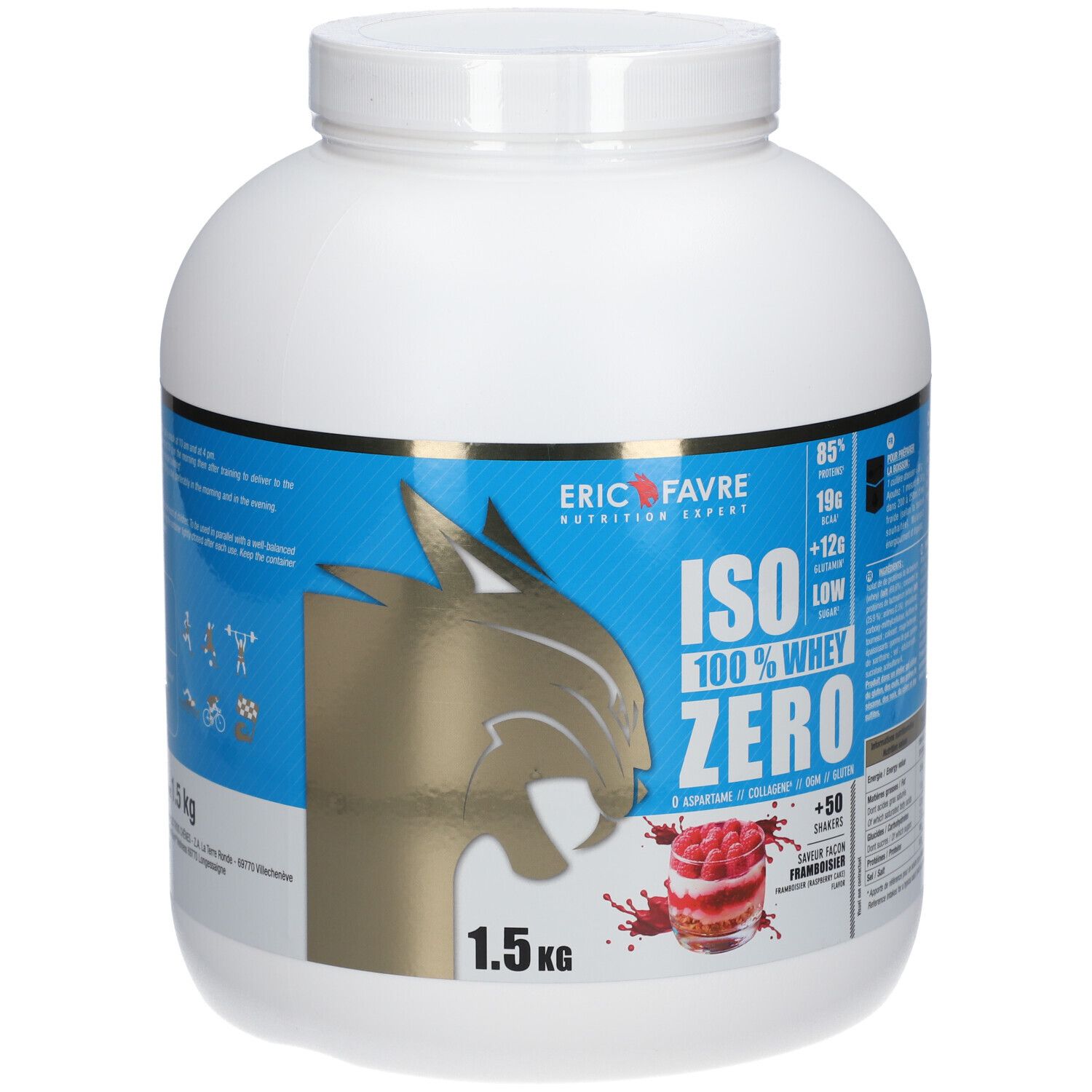 Pot blanc avec étiquette bleue. Inscription: ERIC FAVRE, ISO 100% WHEY ZERO, 1.5 KG. Illustration de framboises. Tête de chat dorée.
