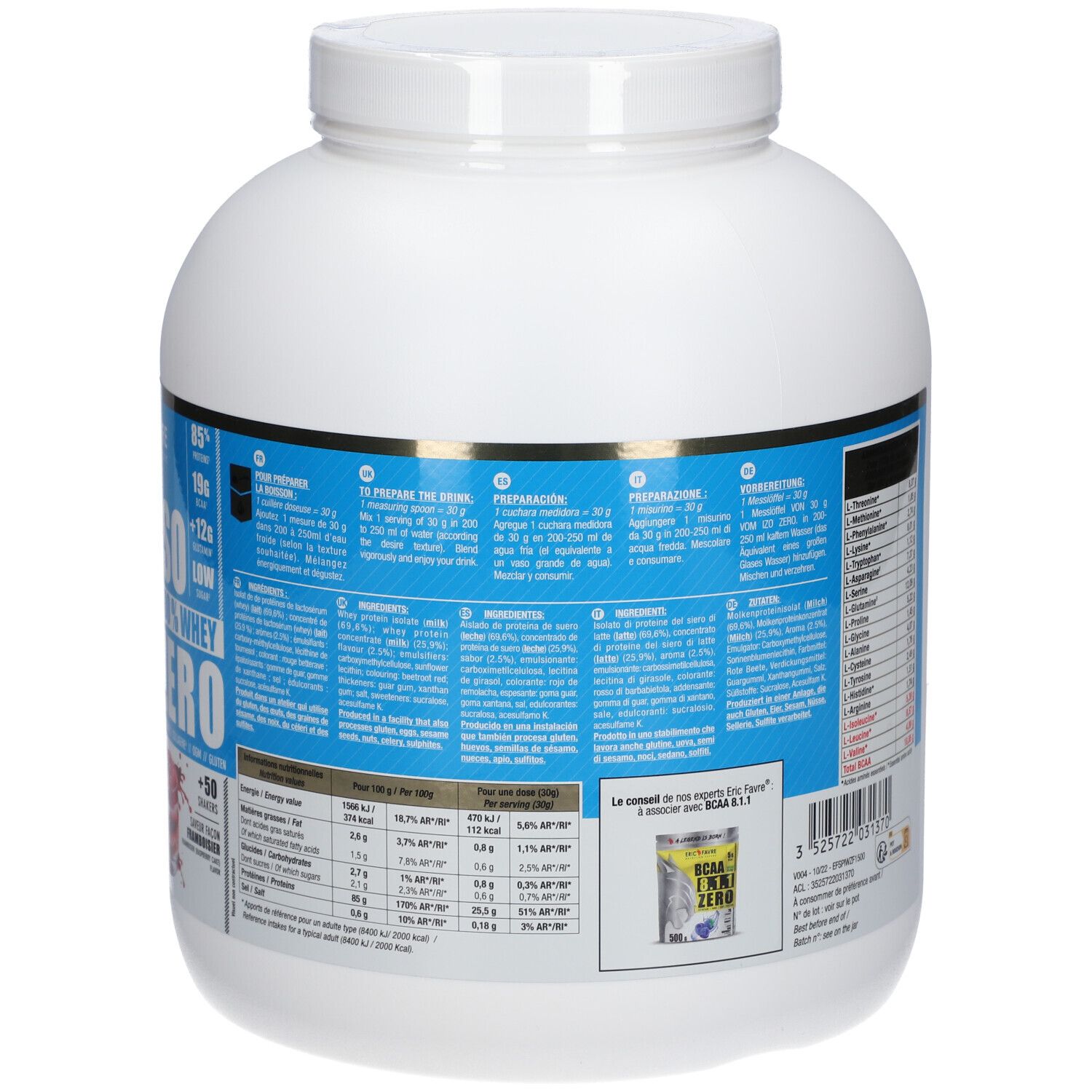 Dos du pot blanc. Étiquettes bleues avec texte. Informations sur les ingrédients et valeurs nutritionnelles. Code-barres et informations fabricant.
