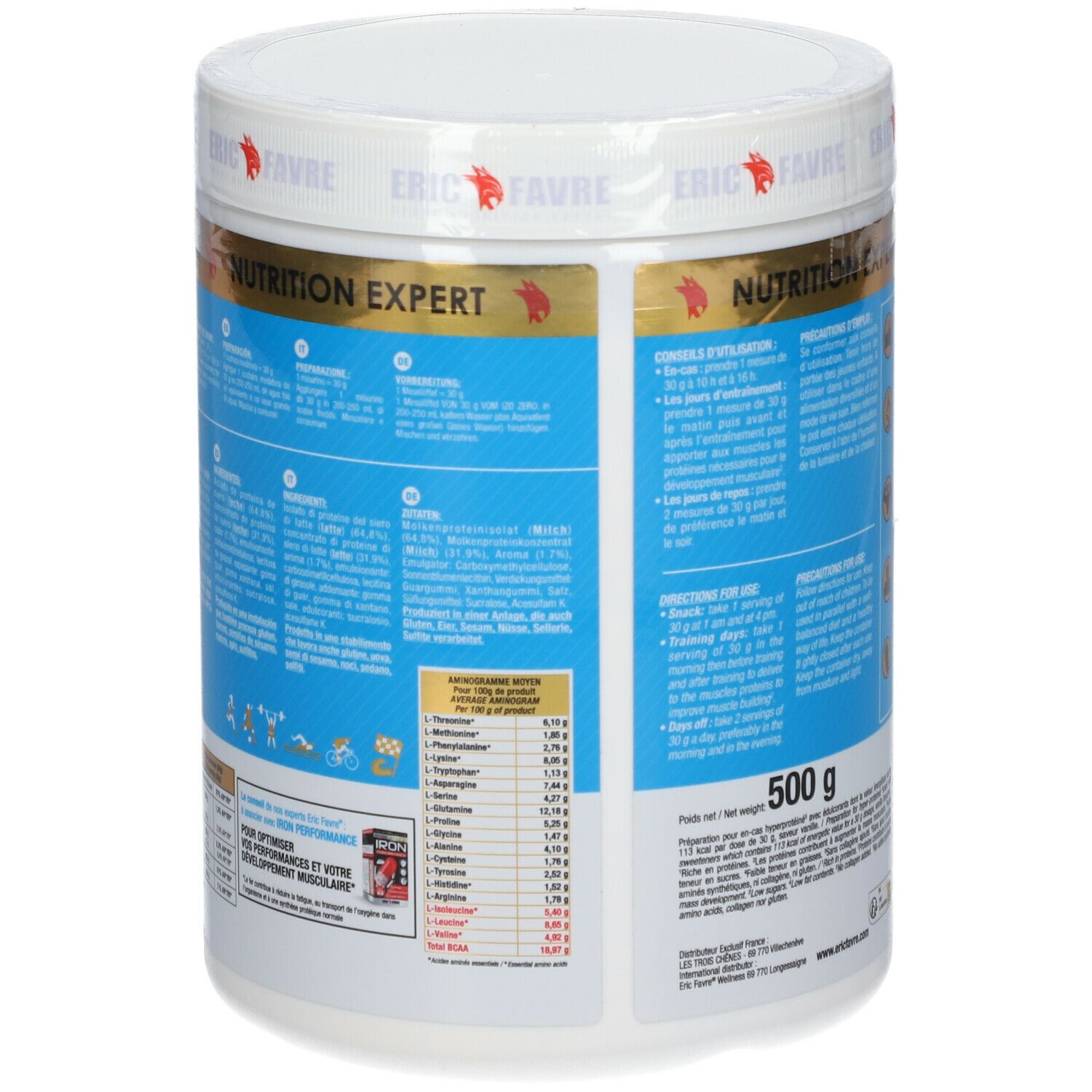 Behälter mit Produktinformationen. Aufschrift: 500 g. Marke ERIC FAVRE. Text in mehreren Sprachen.