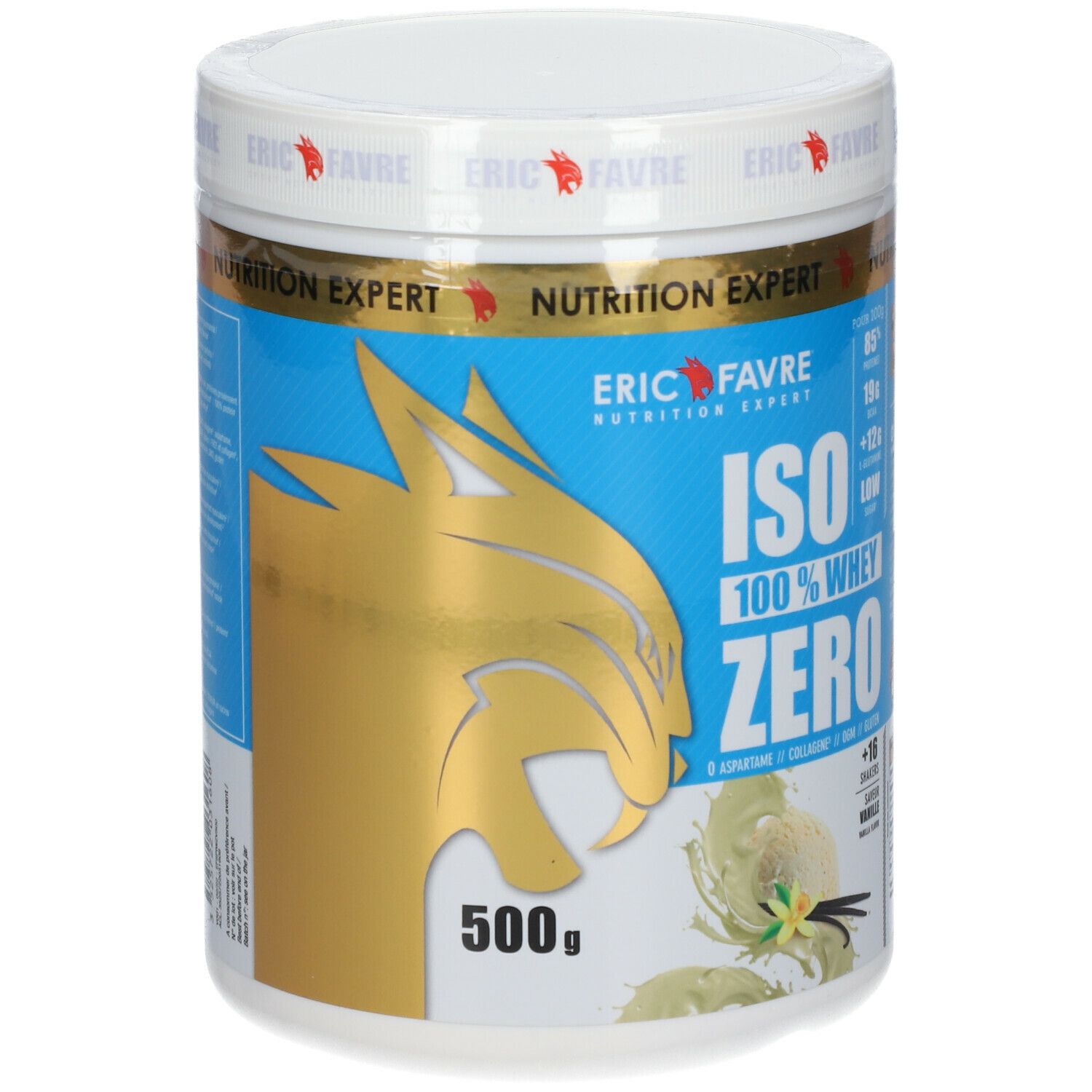 Weißer Behälter mit goldener und blauer Beschriftung. Aufschrift: ISO 100% WHEY ZERO. Marke ERIC FAVRE. 500g.