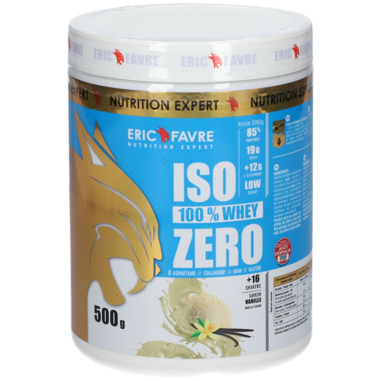 Weißer Behälter mit goldener und blauer Beschriftung. Aufschrift: ISO 100% WHEY ZERO. Marke ERIC FAVRE. 500g.