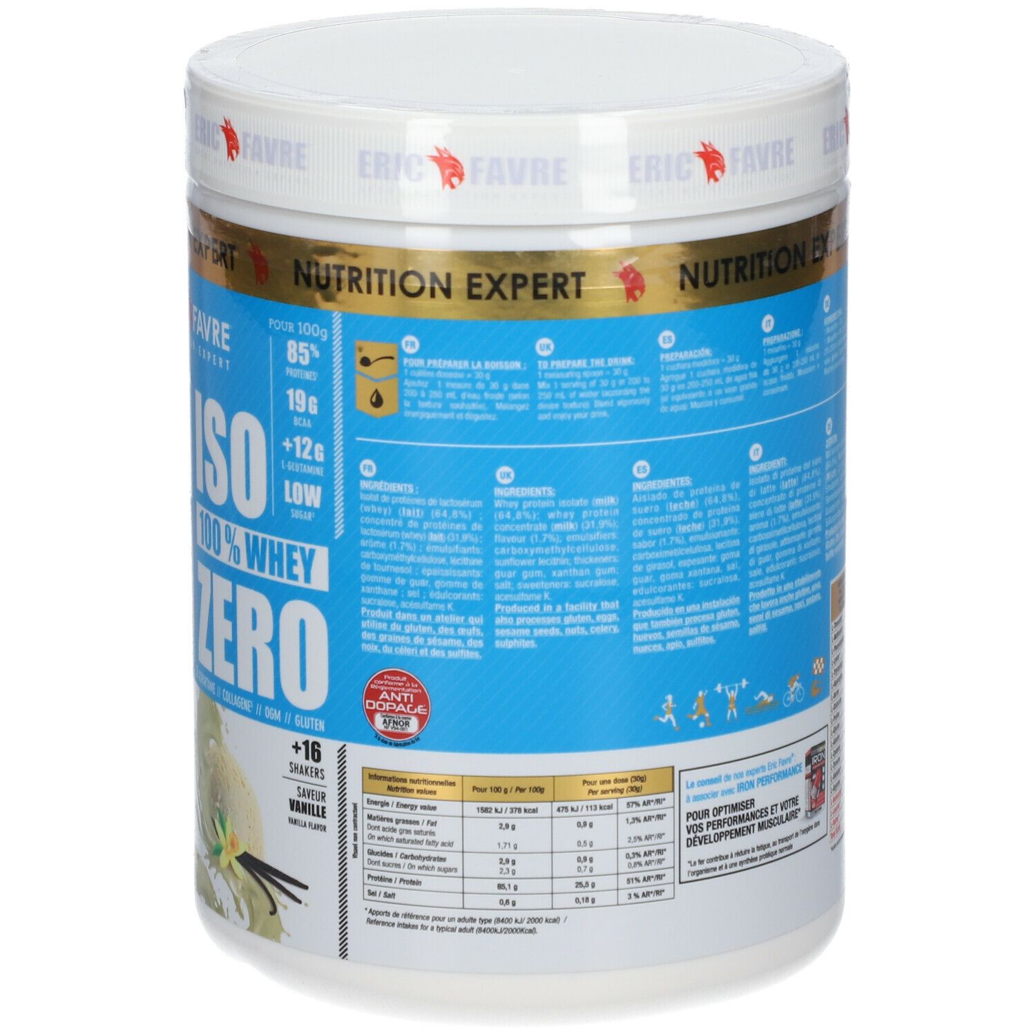 Weißer Behälter mit goldener und blauer Beschriftung. Aufschrift: ISO 100% WHEY ZERO. Marke ERIC FAVRE. 500g.